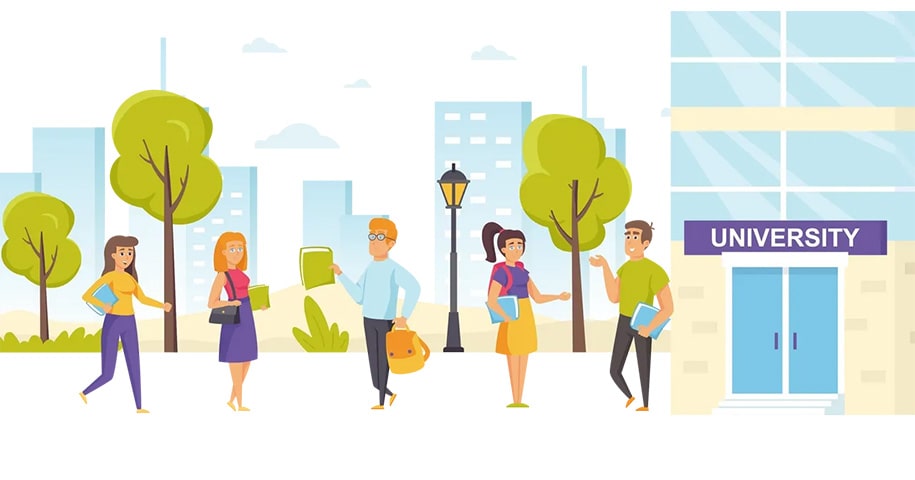 Illustration of students on a university campus
