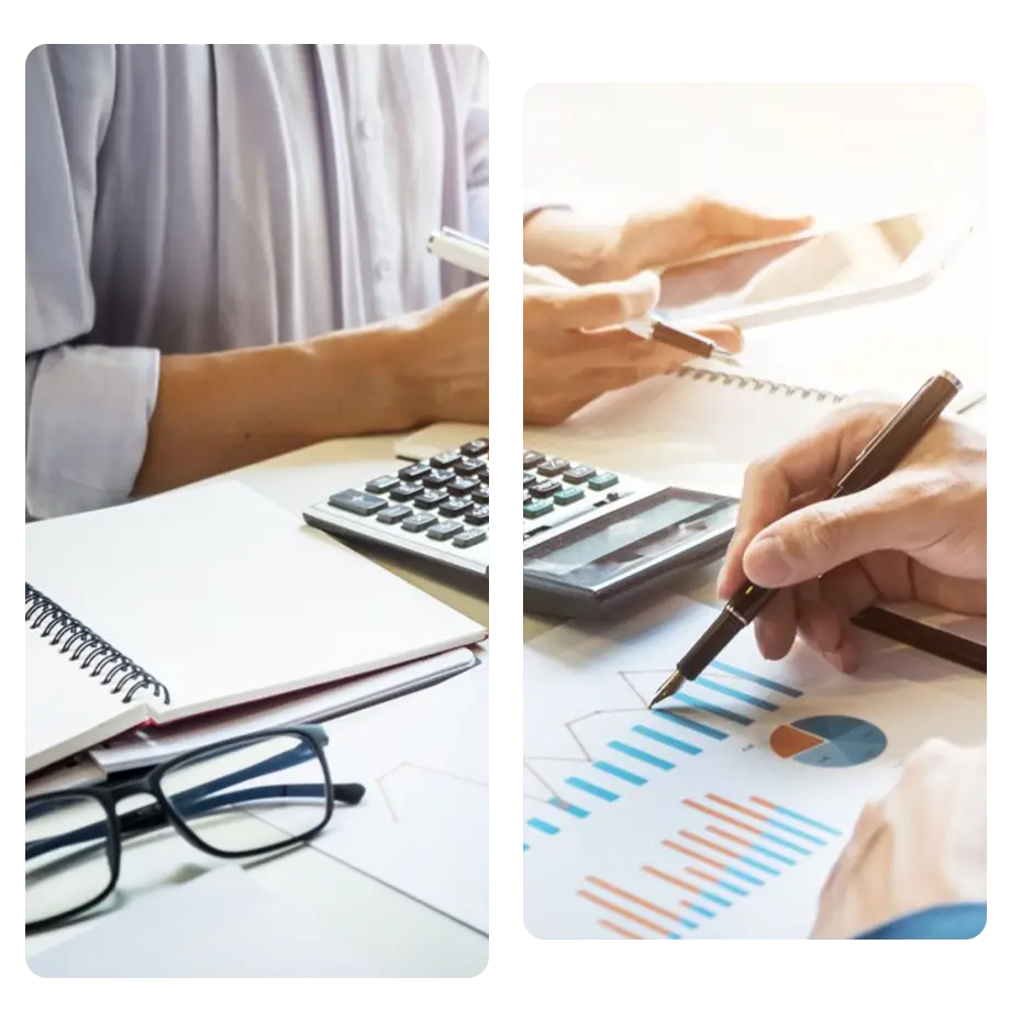 Workers conducting audits with pen and calculator