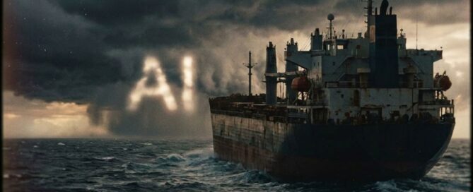 Image depicting ship sailing into stormy sea
