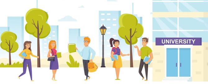 Illustration of students on a university campus