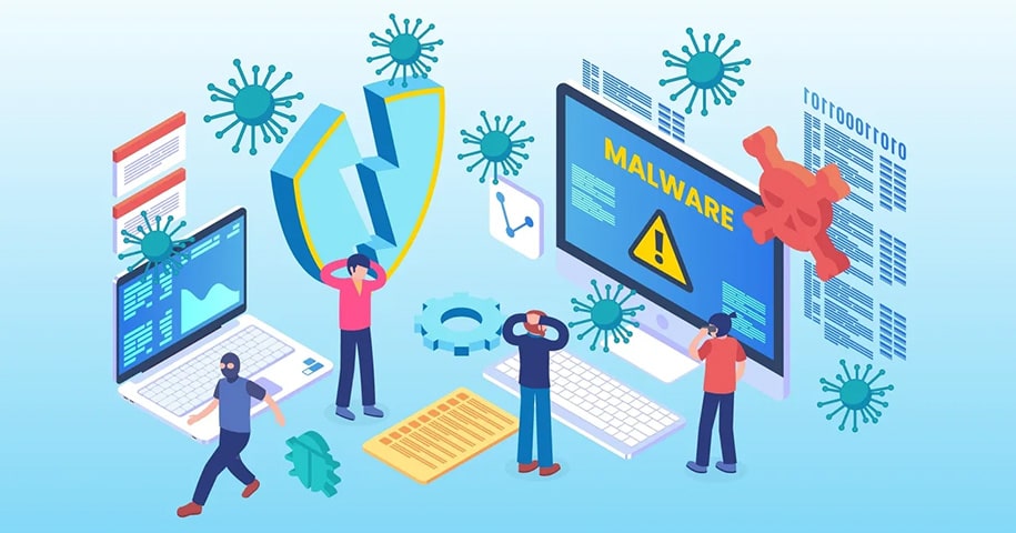 Illustration of workers being attacked by ransomware