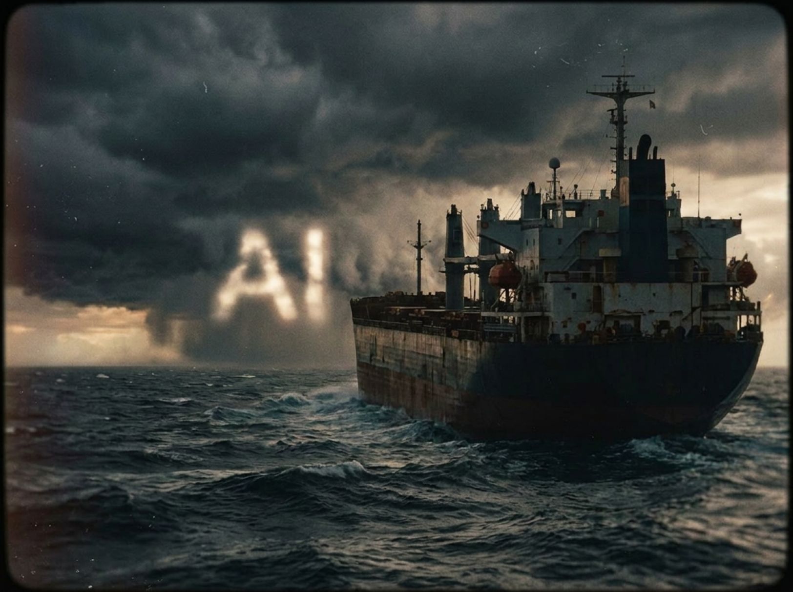 Image depicting ship sailing into stormy sea
